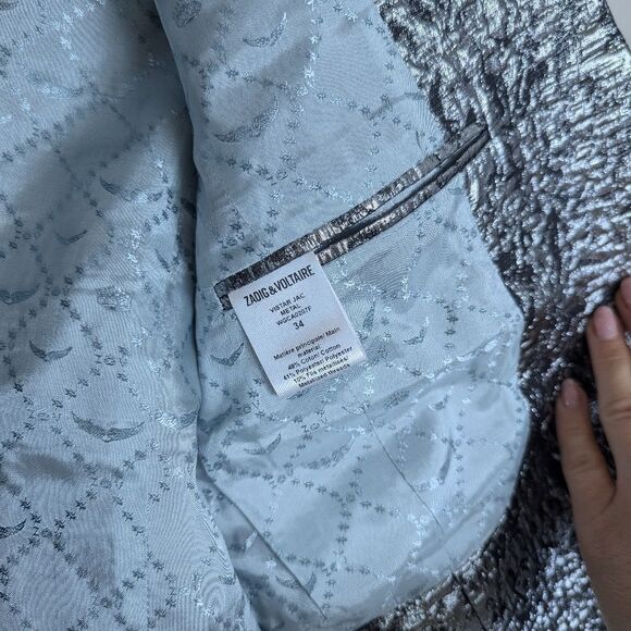 Zadig & Voltaire Vistar Jac Metallic Suit – Silver Foil Blazer + Pants Sz 34/2US - Picture 9 of 16